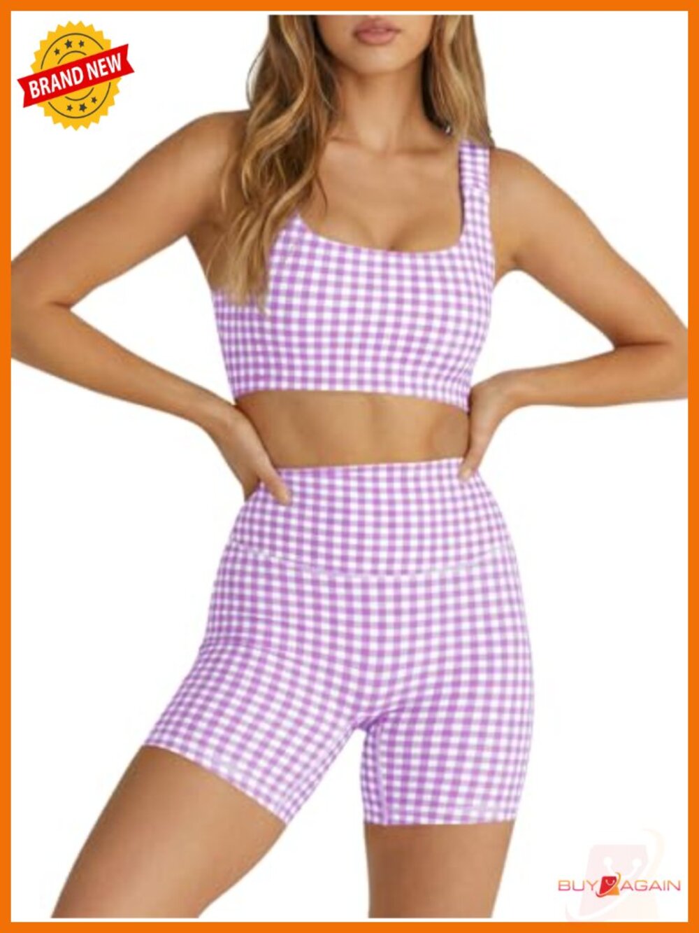 Gingham 2 Piece Workout Set Padded Open Back Crop Tank High Waist Sports Shorts